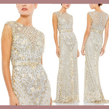 NWT Mac Duggal [ 14 ] 4908 High Neck Sleeveless Beaded Fringe Gown Platinum S921