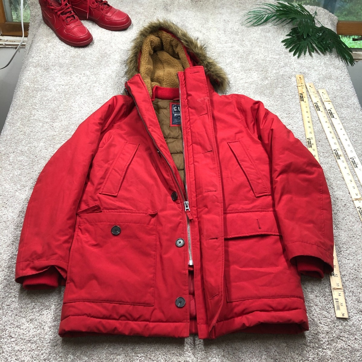 Gap Puffer Mens Medium Red Water Resistant Hooded Parka Fur Hood Upcycled