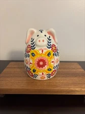 White Ceramic Piggy Bank Floral Design