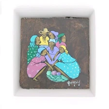 ORIGINAL LITTLE BIJOUX PAINTING HAITIAN ART OF MARKET WITH SELLERS SIGNED 5"