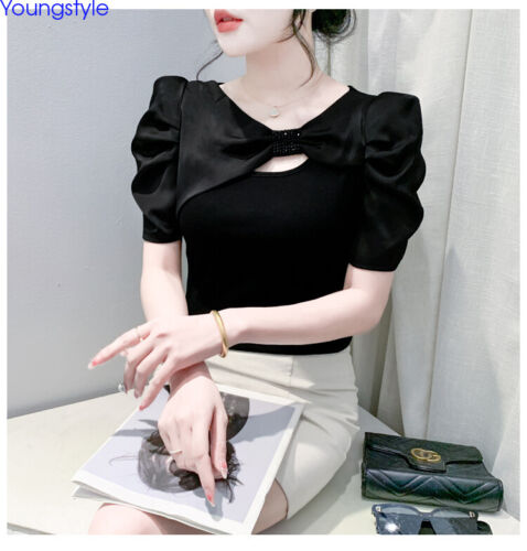 Korean Womens Puff Sleeve Beaded Summer Slim Party Cocktail Tops Blouse Shirts - Picture 16 of 20