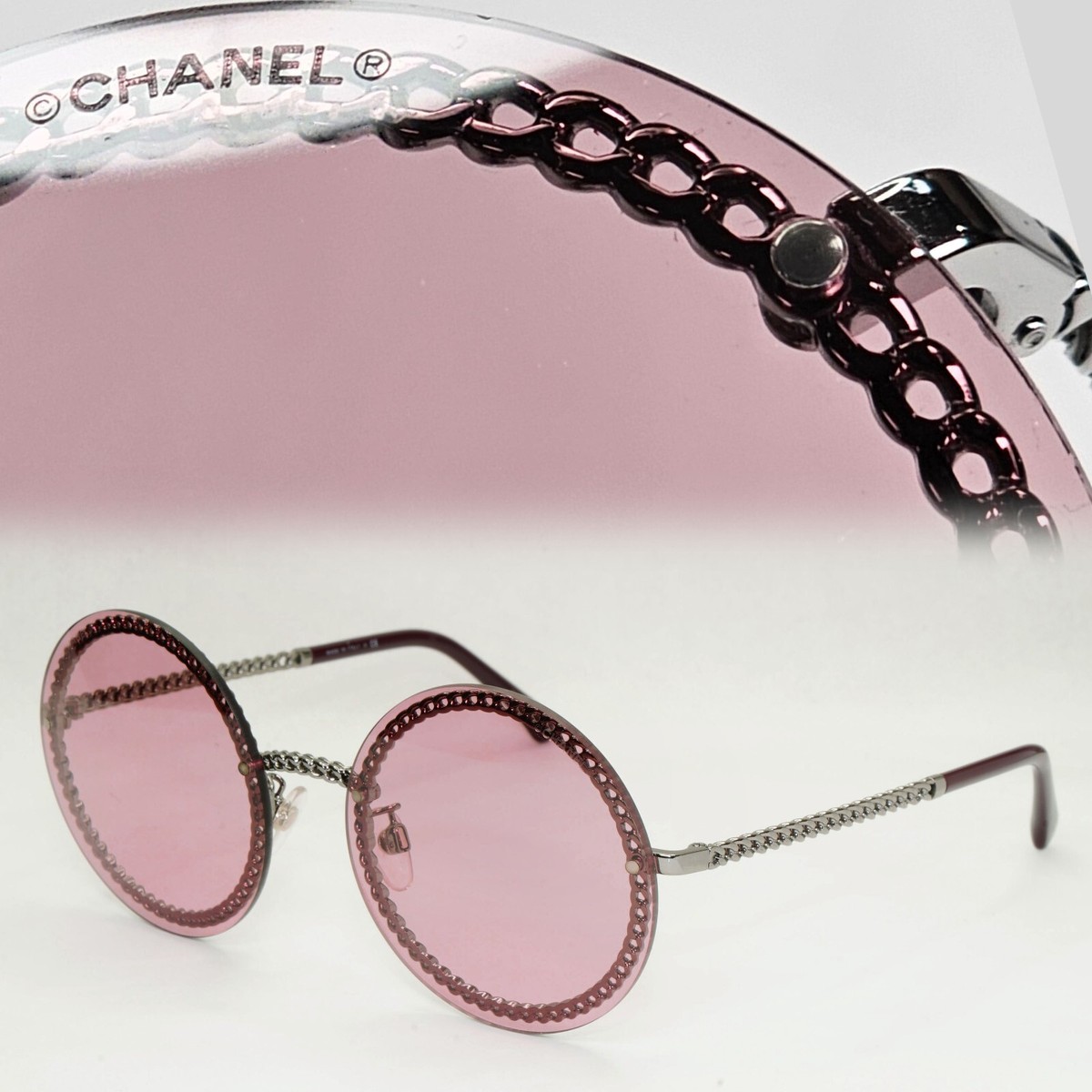 Chanel Sunglasses Chain Round Pink Red Burgundy Silver 4245 C.108