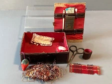 Antique Bronzed Leather Sewing Box Kit Scissors Emery Needle Case - AS FOUND