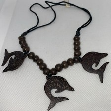 Adjustable Wood and Coconut Shell Dolphin Necklace New