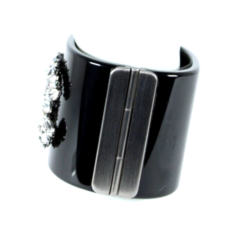 CHANEL 17K Black Resin & Silver Metal Crystal & Pearl CC Logo Cuff Bracelet NEW - Picture 12 of 12