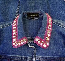 ESCADA Vintage Authentic Designer DENIM JEAN JACKET CRYSTAL Trim 34 EU 4 US MINT