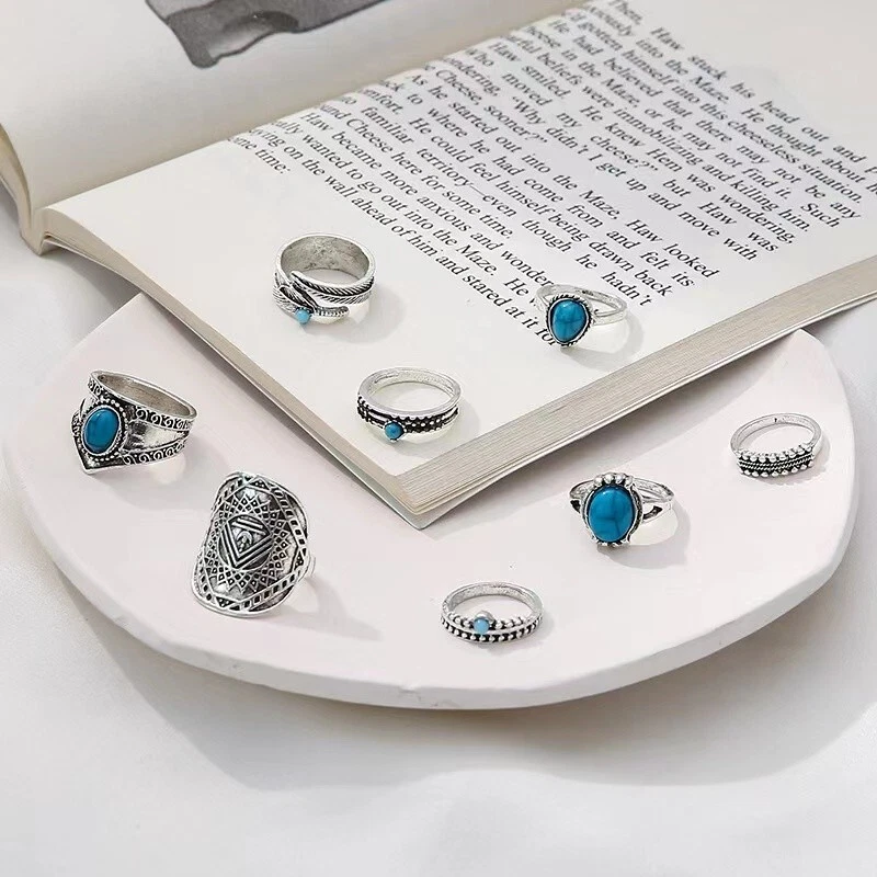 Juego de 8 piezas anillos retro para dedos hoja valor turquesa tótem nudillos joyas 1891 Foto 3 de 4