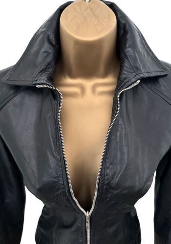 Karen Millen Größe UK 8 VINTAGE SCHWARZ WEICHES LEDER BIKER TAILLIERT JACKE - Bild 3 von 8