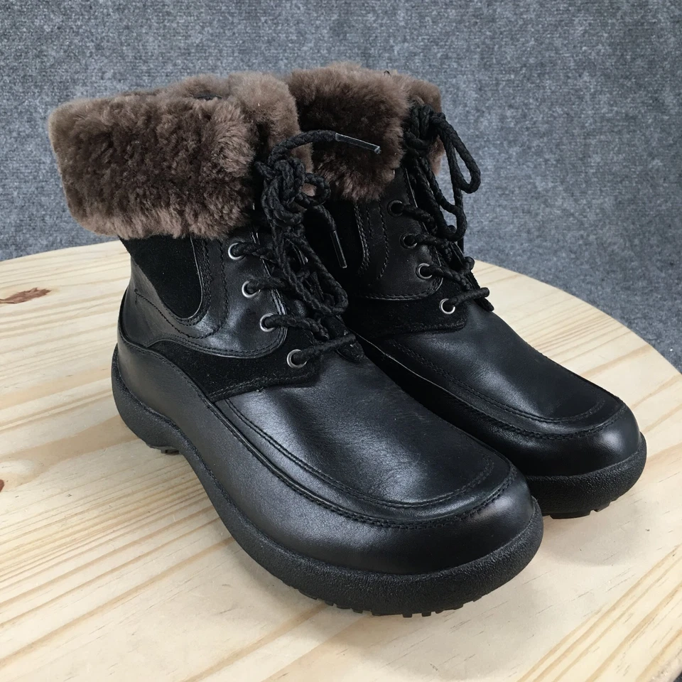 Botas de invierno impermeables rubias para mujer 8 W cuero negro sauce Sherpa con cordones Foto 3 de 4