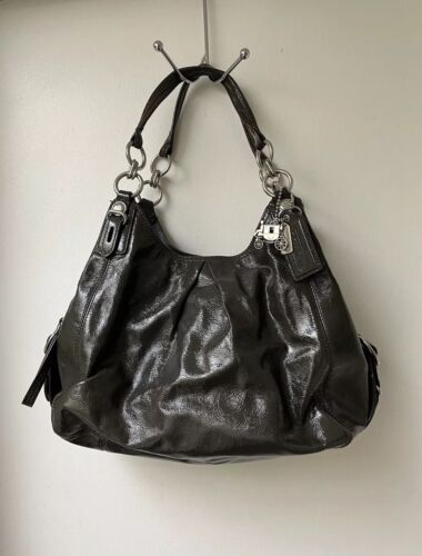 Coach Madison Maggie Mia Dark Olive Patent Leather Shoulder Bag Handbag Purse