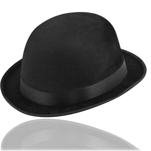 BLACK VELOUR BOWLER DERBY POSH GENTLEMAN CHARLIE CHAPLIN HAT FANCY DRESS QR17 - Photo 1/1