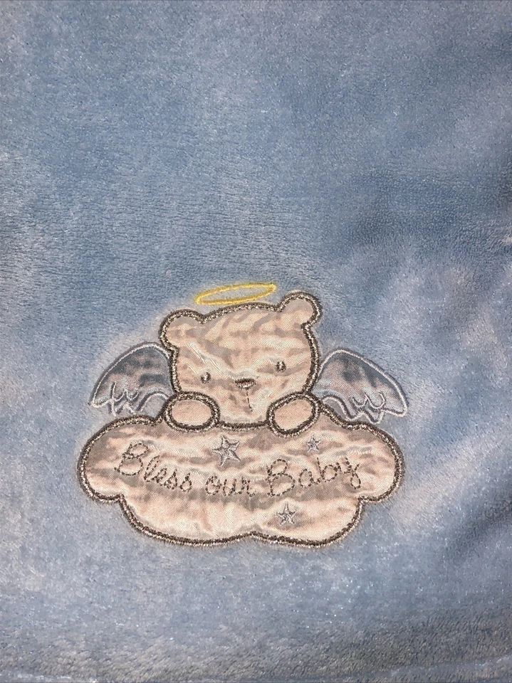 Baby Starters Bless Our Baby Angel Teddy Bear Blanket Blue White Silver Halo - Image 2 of 4
