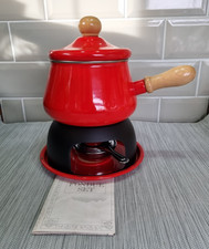 Vintage Red Porcelain Enamel Fondue Set 70s 80s Retro Design Boxed Rare VGC