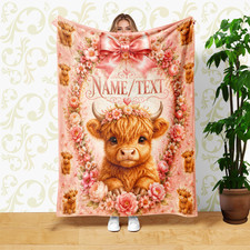 Pink Floral Calf Bow Coral Fleece Blanket Custom Name
