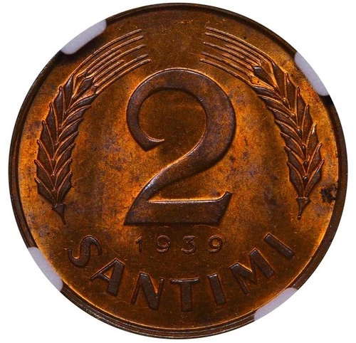 1939 Latvia President Karlis Ulmanis 2 Santimi Bronze Coin Graded NGC MS 64 RB