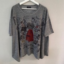 I-Noah Womens Large Grey Fashion Doodle Graphic Sharkbite Top Made in USA