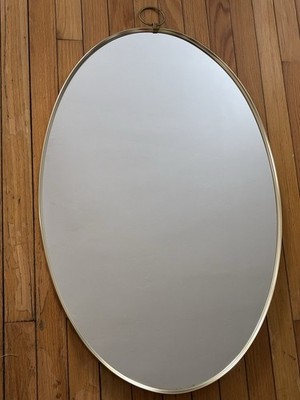1950s Brushed Steel Oval Mirror by Turner 29.5x19.5 Inches Wall Hanging