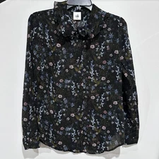 Cabi Blouse Womens XS Blue Pink Floral Sheer Long Sleeve Button Front Ruffle