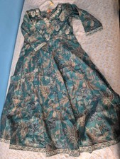 3 piece maxi frock dress green gold embroidered Eid BNWT Anouk