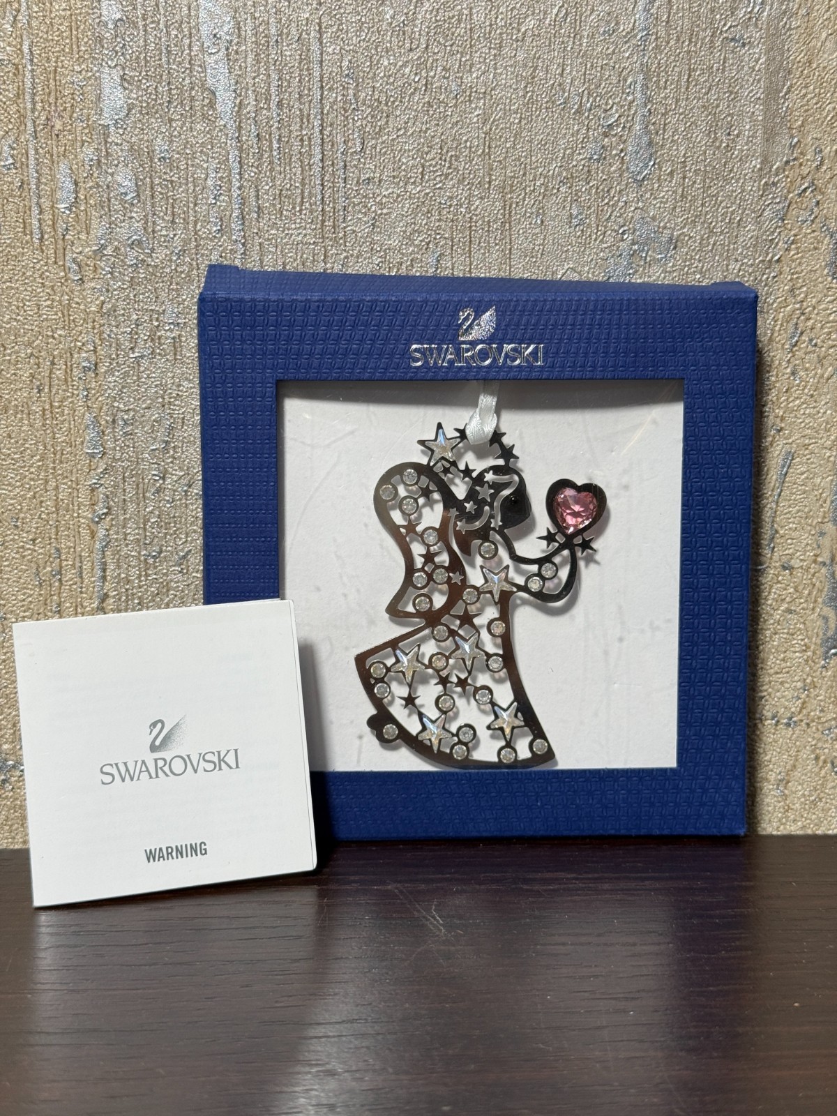 Swarovski Angel Ornament with a Pink Heart, Moonlight Crystal