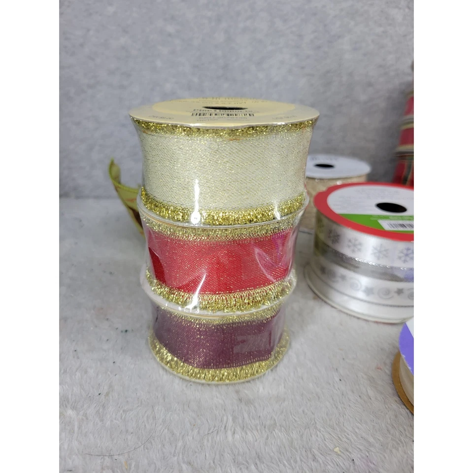 Christmas Wired Ribbon Lot 10 Metallic Glitter Holiday Crafting Decorating Gift - Image 2 of 4