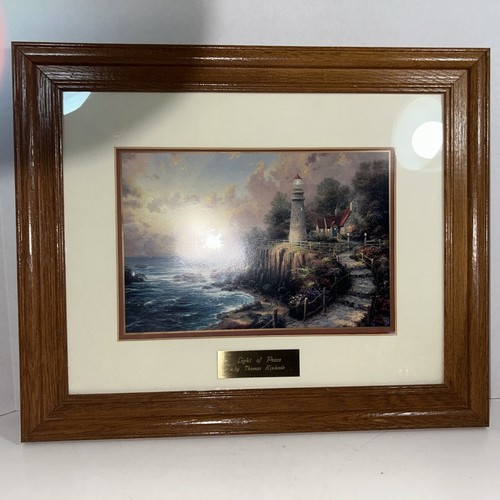 Framed Thomas Kinkade “The Light of Peace Print” Seaside Lighthouse & Cottage - Picture 2 of 19