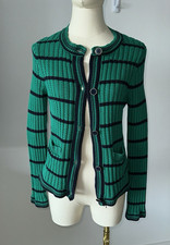 Free Assembly Women's Green Navy Striped Knit Button Cardigan Pockets S