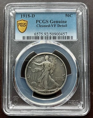 1918-D Walking Liberty Half Dollar 50C PCGS Gold Shield, VF Detail, Cleaned