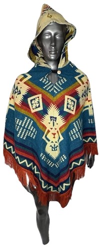Poncho sud-ovest motivo tribale azteco con cappuccio misto acrilico alpaca taglia unica - Foto 2 di 24