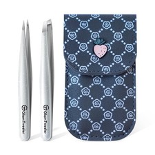 Precision Slant Point Tip Tweezer Set with Storage Case for Eyebrows Facial