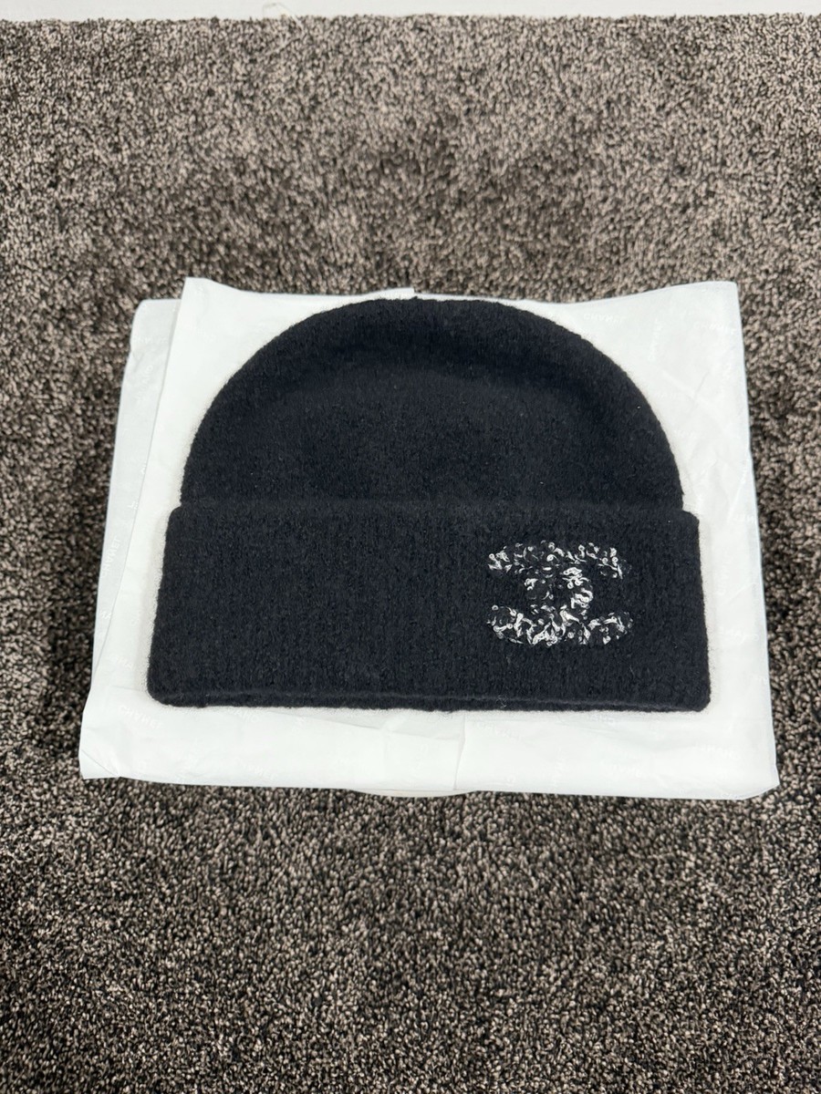 Chanel Cashmere Black / Glitter Big CC Logo Knit Beanie Hat | eBay