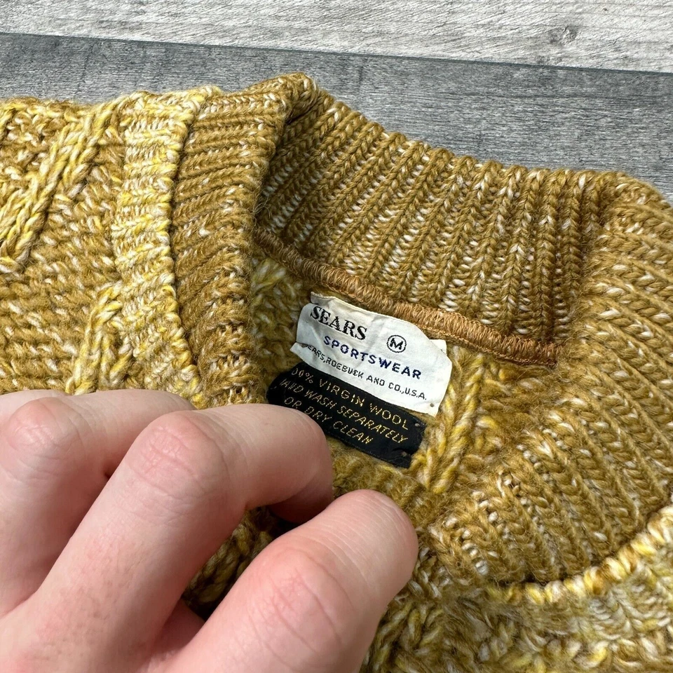 Vintage Sears Knit Jumper Chunky 100% Wool Yellow Brown Sweater Mens Medium - Image 3 of 4
