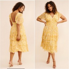 Anthropologie BHLDN Naomi Short-Sleeve V-Neck Midi Dress Yellow Plus Size 2X