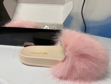 pink faux fur slippers, size 7, faux fur slip on slippers with all weather sole