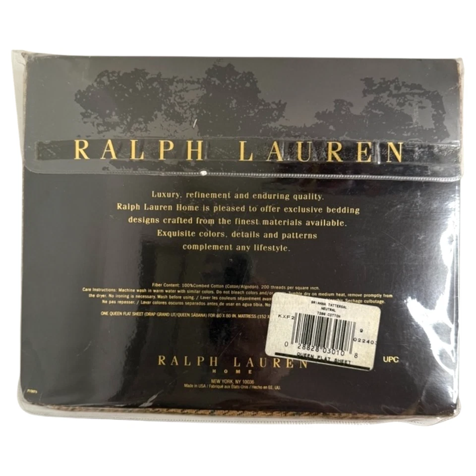 Ralph Lauren Queen Flat Sheet Brianna Tattersal Neutral Plaid Houndstooth Sealed - Image 2 of 4