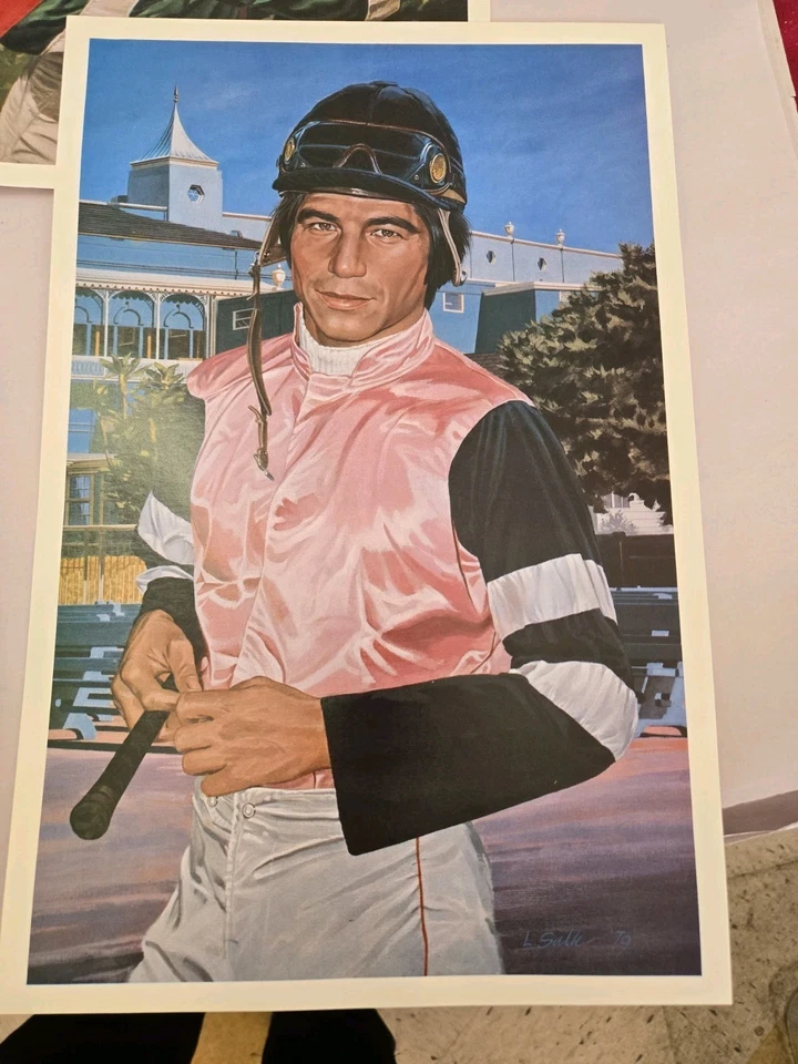 Santa Anita 1982 Juego de 5 Grandes Jinetes Impresiones Carreras de Caballos 9.5" X 14.5" y Carpeta Foto 3 de 4