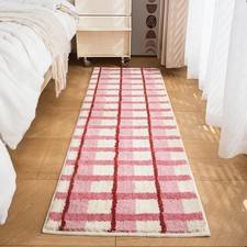 GIB Bathroom Runner Rug Mat 63" x 20" Pink Cream Checkered Red Accents NonSlip