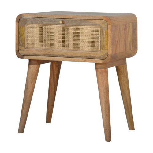 Curved Bedside Table Solid Mango Wood Woven Natural Rattan Handmade Furniture - Picture 3 of 9