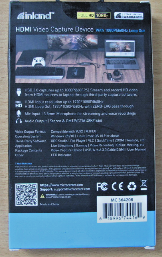 Inland HDMI Video Capture Device With 1080P 60Hz Loop Out Open Box 