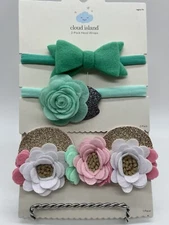 New Cloud Island Head Wrap 3 Pieces For Girls In Bow Green and Flower’s Pink