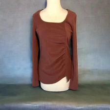 Doe & Rae Asymmetrical Carmel Brown Ruched Long Sleeve Top Size S NEW Sample