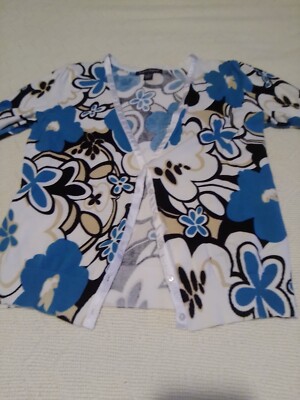 Designers Originals  S Short Sl Blouse Cardigan Top Womans Ocean  Blue Floral 