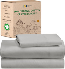 Organic Cotton Twin XL Sheet Set, Deep Pocket Crisp Cooling Light Grey