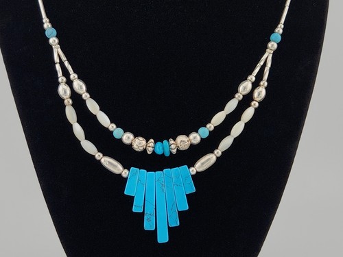 Vintage Southwestern Two Row Beaded Turquoise, Shell, Liquid Silver Necklace 18" - Picture 3 of 10