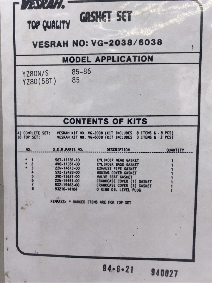 Juego de juntas VESRAH TOP END Yamaha YZ80 YZ80N/S (58T) 1985-86 VG-6038 (BB-206) Foto 3 de 4