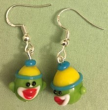 SOCK MONKEY EARRINGS, GREEN FACE - Glass Beads with Sterling Silver Ear Wires