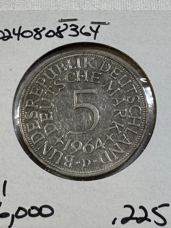 1964-D Germany 5 Mark Silver Coin Low Mintage Cleaned - Image 3 of 4