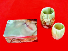 SCATOLA COFANETTO PORTAGIOIE IN ONICE/ALABASTRO + 2 VASETTI ONICE VERDE ANNI 60 