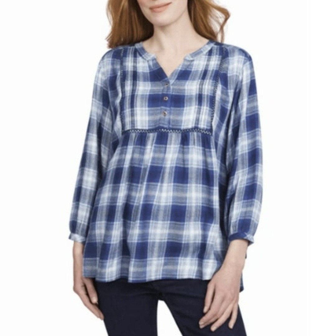 Wrangler Women's Plaid Blouse Top Relaxed-fit Tunic V-neck 3/4 Sleeve Blue Small