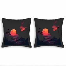 Set of 2 18x18in Throw Pillow Covers - Serene Landscape with Glowing Red Moon